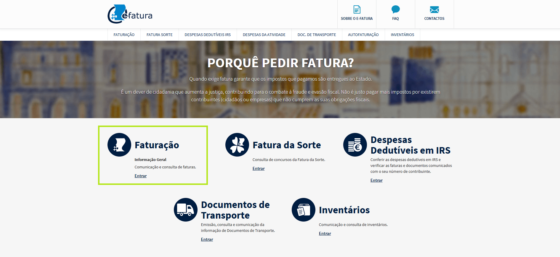 Página inicial do e-Fatura com secção Faturação destacada